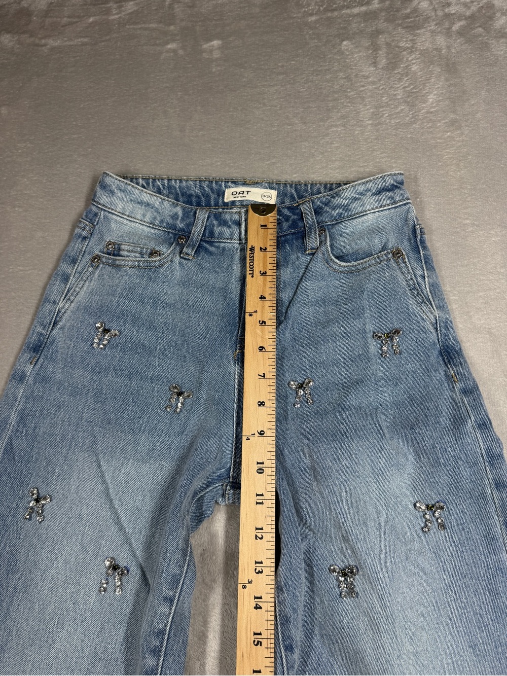 OAT Rhinestone Bows Coquette Wide Leg High Rise Cotton Blend Denim
blue Jeans 25 - Picture 8 of 17